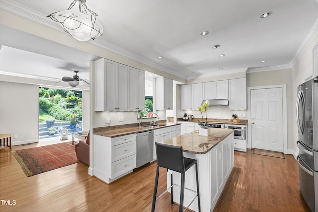 kitchen with appliances with stainless steel finishes, a sink, under cabinet range hood, ornamental molding, and a kitchen island