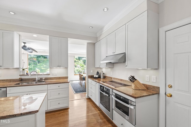 kitchen featuring under cabinet range hood, appliances with stainless steel finishes, a sink, white cabinets, and recessed lighting