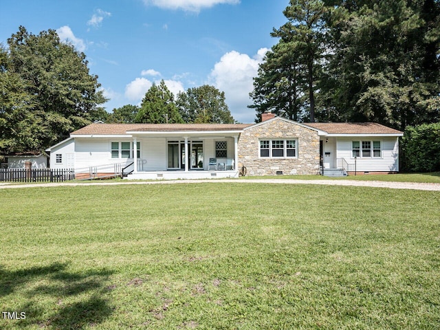 single story home featuring a porch, fence, crawl space, a front yard, and a chimney