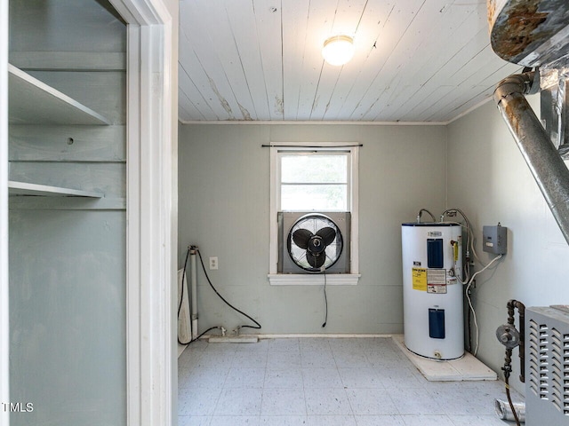 laundry room with water heater, ornamental molding, wood ceiling, and tile patterned floors
