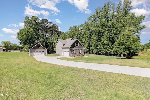 91 Carsons Creek Trl, Wendell, NC 27591 - craftsman-style home featuring stone siding, a front lawn, an outbuilding, concrete driveway, and a garage