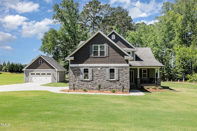 91 Carsons Creek Trl, Wendell, NC 27591 - craftsman-style house with a porch, stone siding, an outbuilding, and a detached garage