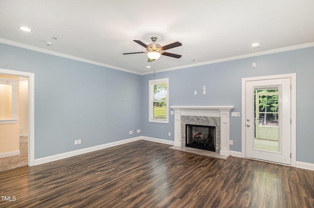 91 Carsons Creek Trl, Wendell, NC 27591 - unfurnished living room with a ceiling fan, dark wood-type flooring, crown molding, baseboards, and recessed lighting