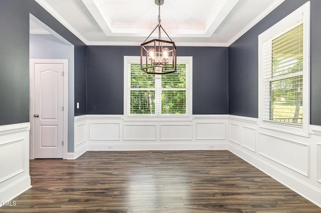 91 Carsons Creek Trl, Wendell, NC 27591 - spare room with a chandelier, a raised ceiling, a wainscoted wall, dark wood-style flooring, and ornamental molding