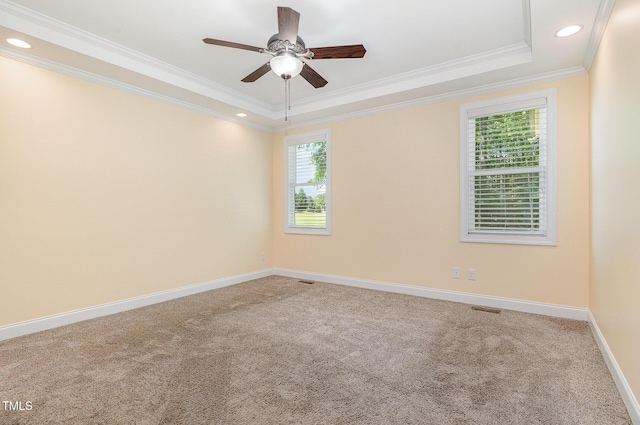 91 Carsons Creek Trl, Wendell, NC 27591 - spare room featuring carpet floors, ornamental molding, a raised ceiling, ceiling fan, and baseboards