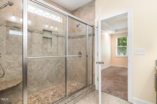 91 Carsons Creek Trl, Wendell, NC 27591 - full bath with crown molding, a shower stall, and baseboards