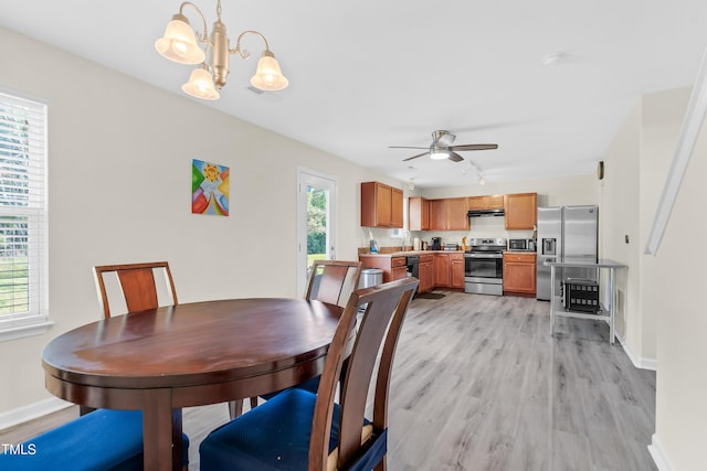 4108 Lady Slipper Ln, Durham, NC 27704 - dining room featuring light wood-style floors, a chandelier, a ceiling fan, and baseboards