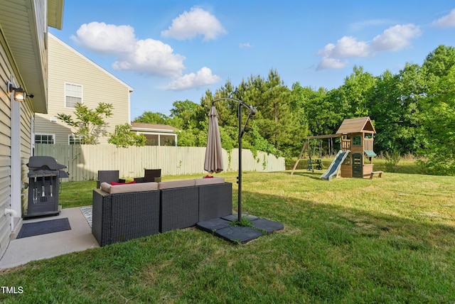4108 Lady Slipper Ln, Durham, NC 27704 - view of yard with outdoor lounge area, a playground, and a patio