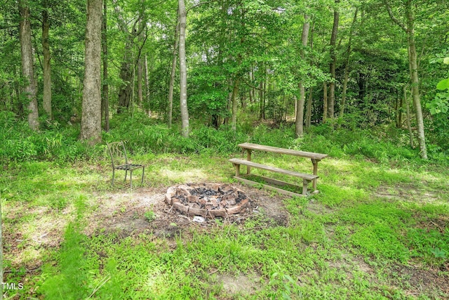 view of yard with a fire pit and a wooded view