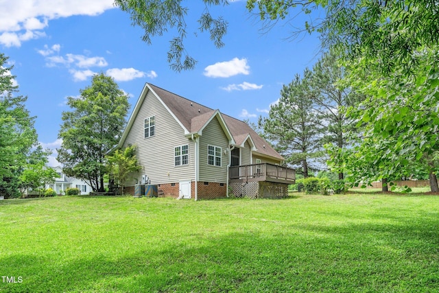 view of side of home featuring a deck, crawl space, and a lawn