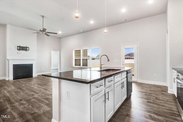 5082 Dogwood Dr, Battleboro, NC 27809 - kitchen featuring a sink, stainless steel appliances, a fireplace, a ceiling fan, and dark wood-type flooring
