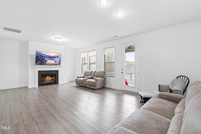 living area with wood finished floors, visible vents, a lit fireplace, and baseboards