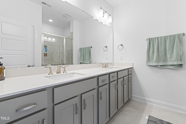 full bath with a sink, visible vents, a stall shower, tile patterned flooring, and double vanity