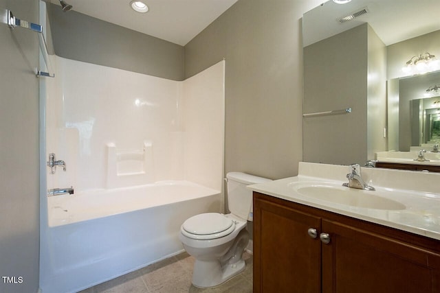 8016 Sycamore Hill Ln, Raleigh, NC 27612 - full bathroom featuring toilet, visible vents, tile patterned flooring, vanity, and shower / washtub combination