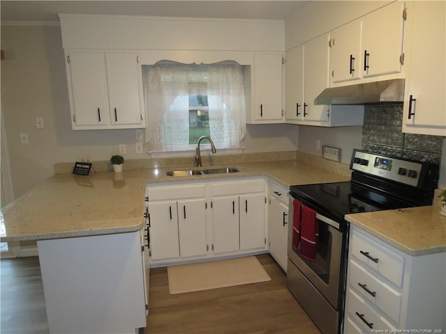 6324 Brussels Ct, Fayetteville, NC 28304 - kitchen with a sink, a peninsula, stainless steel electric stove, wood finished floors, and under cabinet range hood