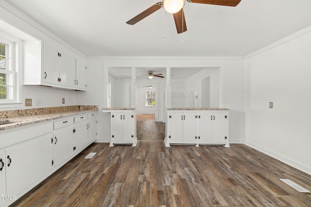 183 Red Hill Loop Rd, Warrenton, NC 27589 - kitchen featuring dark wood-style floors, baseboards, a ceiling fan, and white cabinets