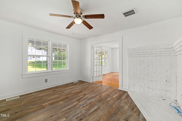 183 Red Hill Loop Rd, Warrenton, NC 27589 - empty room with baseboards, visible vents, dark wood-style flooring, and a ceiling fan