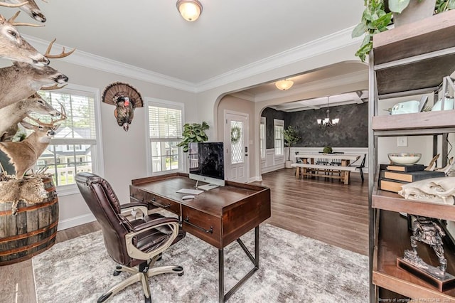 office with ornamental molding, a healthy amount of sunlight, an inviting chandelier, and wood finished floors