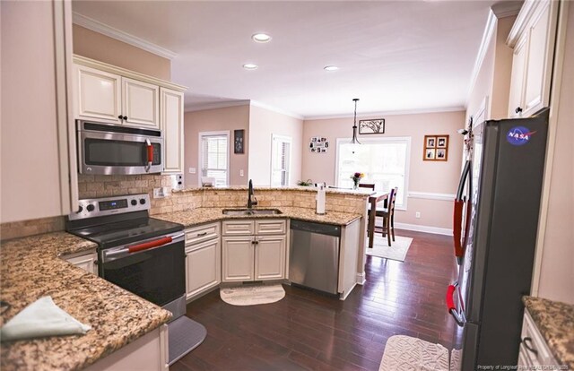 kitchen featuring a peninsula, a sink, stainless steel appliances, crown molding, and dark wood-type flooring