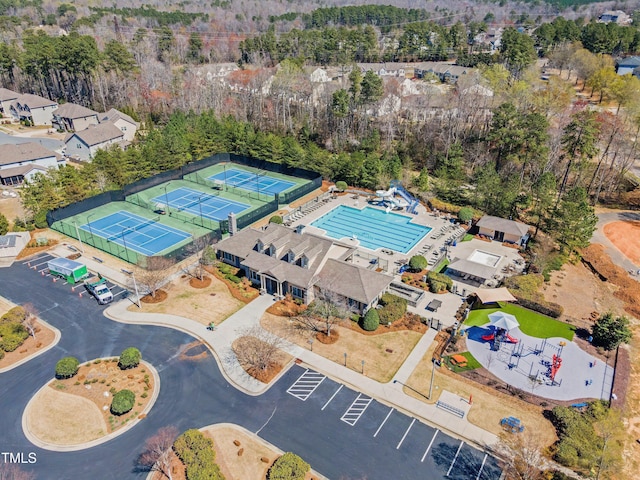 drone / aerial view of a pool