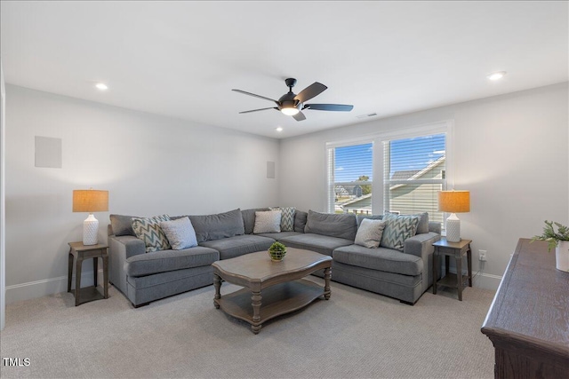 living room featuring a ceiling fan, carpet floors, recessed lighting, and baseboards