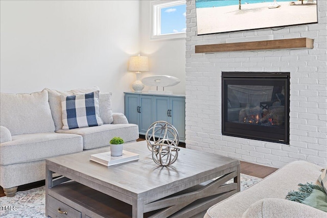 living room featuring wood finished floors and a fireplace