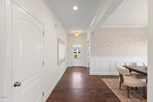 833 Ember Dr, Durham, NC 27703 - foyer with crown molding, wainscoting, dark wood finished floors, wallpapered walls, and recessed lighting
