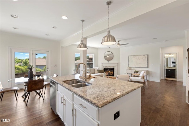 833 Ember Dr, Durham, NC 27703 - kitchen with a sink, stainless steel dishwasher, a fireplace, ornamental molding, and decorative light fixtures
