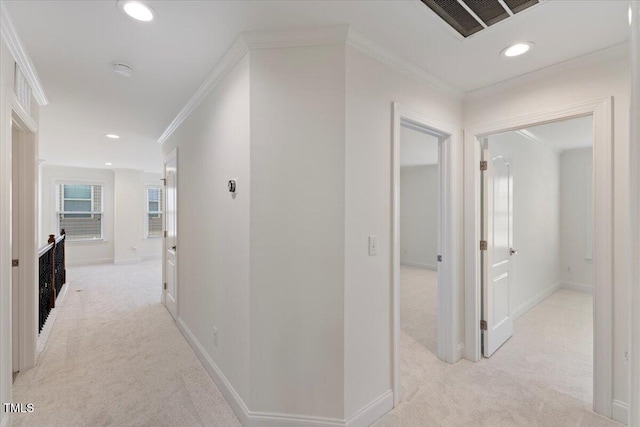 833 Ember Dr, Durham, NC 27703 - hall featuring light colored carpet, ornamental molding, recessed lighting, and baseboards