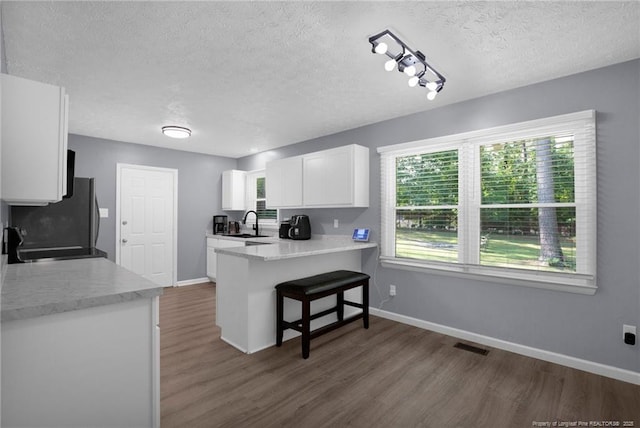 1618 Hickory Ridge Ct, Fayetteville, NC 28304 - kitchen featuring a sink, dark wood-style flooring, fridge, white cabinets, and a textured ceiling
