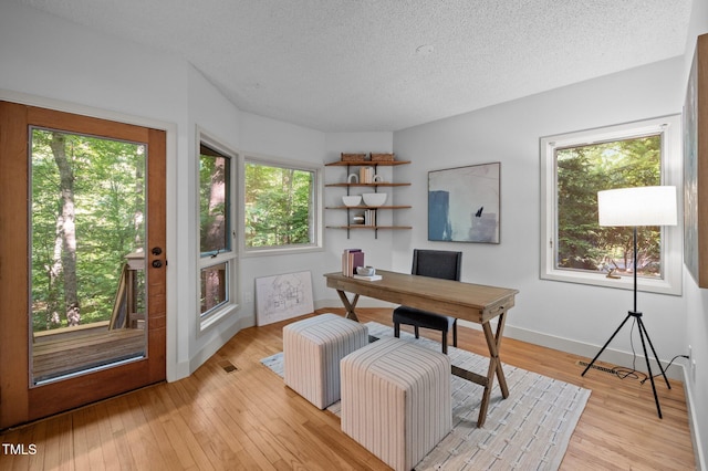 office space with healthy amount of natural light, light wood-style floors, baseboards, and a textured ceiling