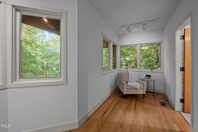 sitting room featuring rail lighting, light wood-style floors, and baseboards