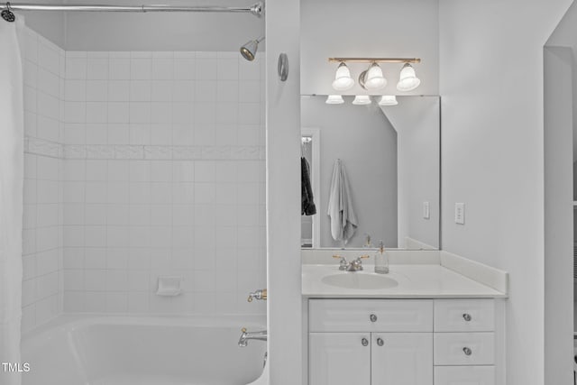 full bath featuring shower / tub combo with curtain and vanity