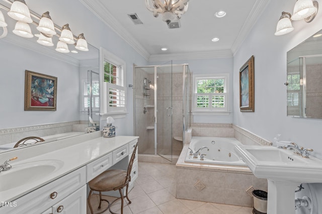 bathroom featuring tile patterned floors, a sink, a shower stall, a whirlpool tub, and recessed lighting