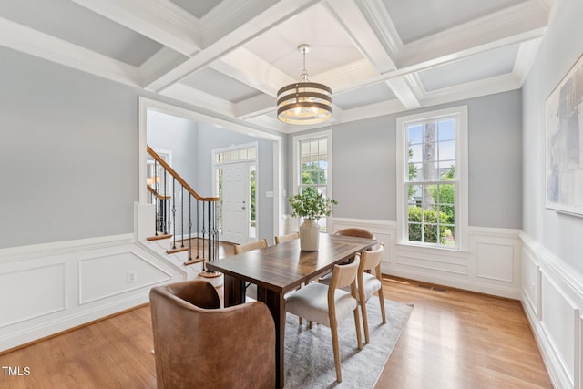 325 Wescott Ridge Dr, Holly Springs, NC 27540 - dining area with stairway, light wood-type flooring, a chandelier, beam ceiling, and coffered ceiling
