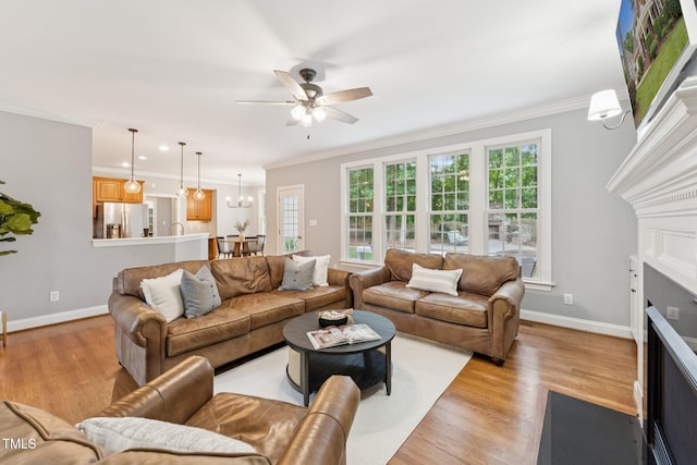 325 Wescott Ridge Dr, Holly Springs, NC 27540 - living area featuring ornamental molding, light wood-type flooring, a fireplace with flush hearth, a ceiling fan, and a chandelier