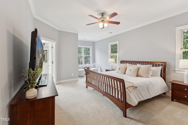 325 Wescott Ridge Dr, Holly Springs, NC 27540 - bedroom with light carpet, ornamental molding, and ceiling fan