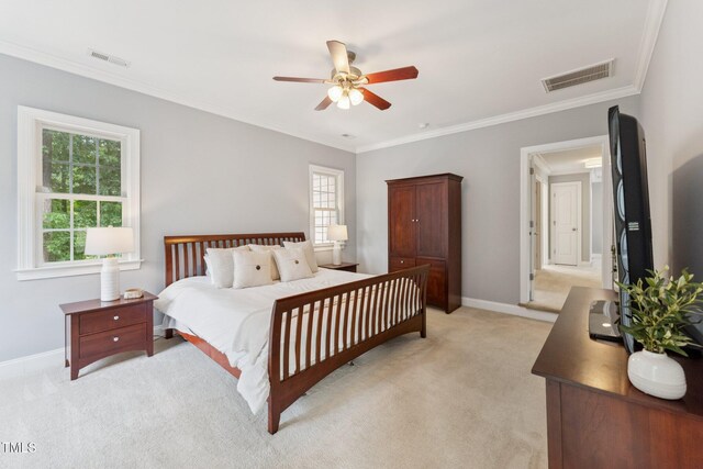 325 Wescott Ridge Dr, Holly Springs, NC 27540 - bedroom with light colored carpet, crown molding, and a ceiling fan