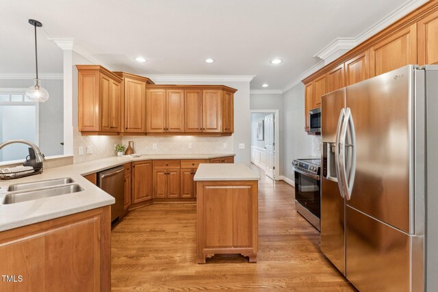325 Wescott Ridge Dr, Holly Springs, NC 27540 - kitchen featuring stainless steel appliances, light countertops, ornamental molding, light wood-style floors, and recessed lighting