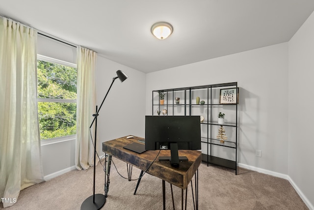 office area with light colored carpet and baseboards