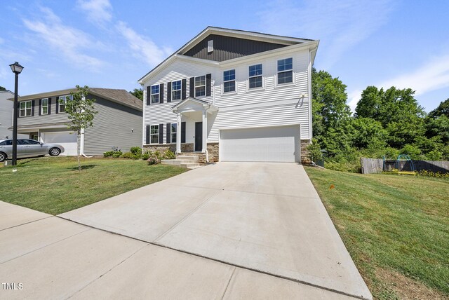 view of front of house featuring an attached garage, stone siding, concrete driveway, and board and batten siding