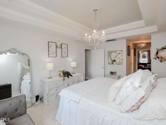 bedroom featuring a tray ceiling, a chandelier, light colored carpet, and crown molding
