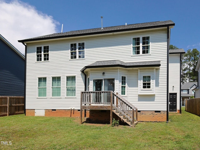 back of property with crawl space, stairs, and a deck