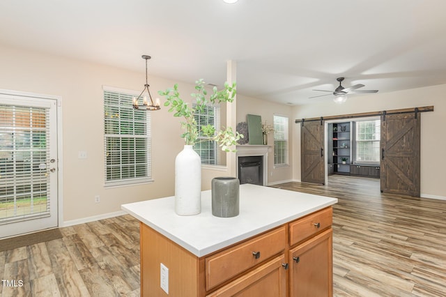 12340 Tetons Ct, Durham, NC 27703 - kitchen featuring a barn door, light wood finished floors, and open floor plan