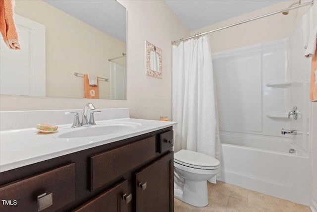 bathroom featuring toilet, tile patterned flooring, vanity, and shower / bath combination with curtain