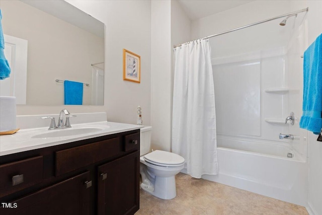 bathroom with toilet, vanity, shower / tub combo with curtain, and tile patterned floors