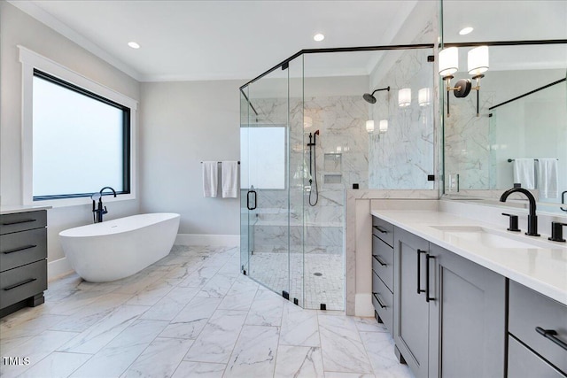 bathroom featuring marble look tiles, a marble finish shower, vanity, baseboards, and crown molding