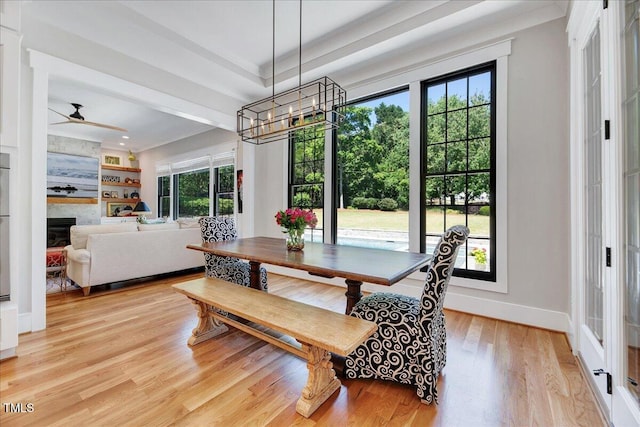 dining space with a chandelier, healthy amount of natural light, light wood-style flooring, and a large fireplace