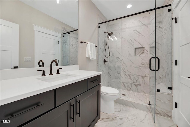 bathroom with marble look tiles, a stall shower, vanity, recessed lighting, and toilet