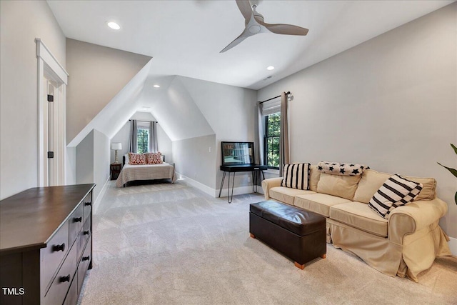 bedroom featuring light carpet, recessed lighting, lofted ceiling, baseboards, and ceiling fan